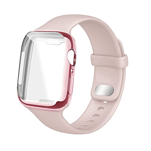 HdanMole Silikon Armband mit Displayschutz Hülle Kompatibel mit Apple Watch Armband 38mm 40mm 41mm 42mm 44mm 45mm, Herren Damen Ersatzarmbänder für iWatch Series 7 6 5 4 3 2 1 SE, 41mm Sand Rosa von HdanMole