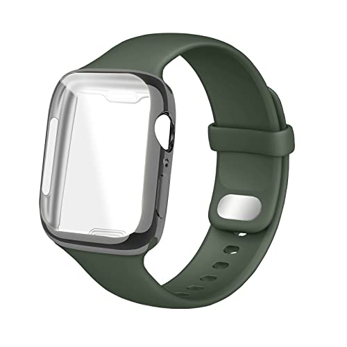 HdanMole Silikon Armband mit Displayschutz Hülle Kompatibel mit Apple Watch Armband 38mm 40mm 41mm 42mm 44mm 45mm, Herren Damen Ersatzarmbänder für iWatch Series 7 6 5 4 3 2 1 SE, 42mm Dunkel Grün von HdanMole