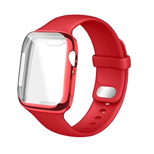 HdanMole Silikon Armband mit Displayschutz Hülle Kompatibel mit Apple Watch Armband 38mm 40mm 41mm 42mm 44mm 45mm, Herren Damen Ersatzarmbänder für iWatch Series 7 6 5 4 3 2 1 SE, 45mm Rot von HdanMole