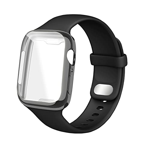 HdanMole Silikon Armband mit Displayschutz Hülle Kompatibel mit Apple Watch Armband 38mm 40mm 41mm 42mm 44mm 45mm, Herren Damen Ersatzarmbänder für iWatch Series 7 6 5 4 3 2 1 SE, 45mm Schwarz von HdanMole