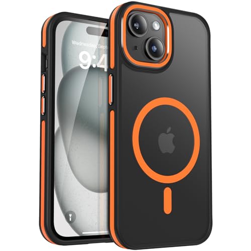 HeIssitot Magnetische für iPhone 15 Hülle, kompatibel mit MagSafe, Militärnorm Schutz, Matte Rückseite Samtige Touch Schutzhülle,Stoßfeste rutschfest HandyHülle Case -Orange von HeIssitot