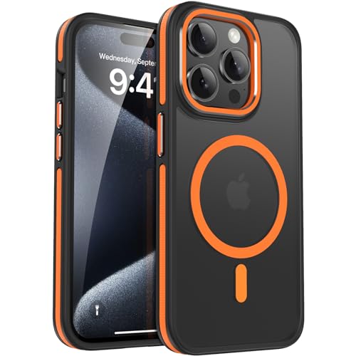 HeIssitot Magnetische für iPhone 15 Pro Hülle, Militärnorm Schutz Matte Rückseite Samtige Touch Schutzhülle,Stoßfeste rutschfest HandyHülle Case -Orange von HeIssitot