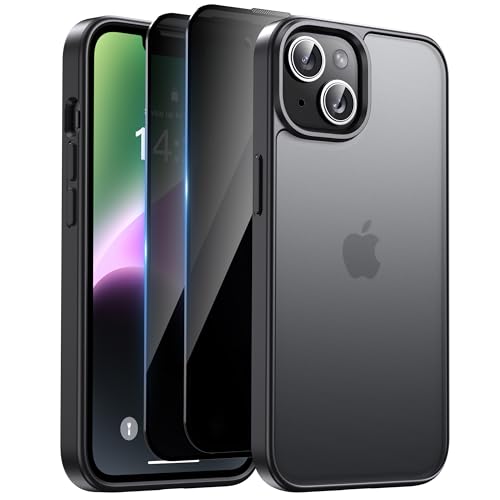 HeIssitot Matt Handyhülle für iPhone 13/iPhone 14 Hülle und 2 Stück Sichtschutz Schutzfolie, [Militärstandard] Durchscheinende PC Rückseite TPU Bumper Schutzhülle für iPhone 13/14, Schwarz von HeIssitot