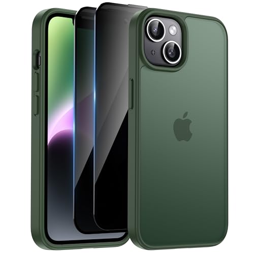 HeIssitot Matt Handyhülle für iPhone 13/iPhone 14 Hülle und 2 Stück Sichtschutz Schutzfolie, [Militärstandard] Durchscheinende PC Rückseite TPU Bumper Schutzhülle, Dunkelgrün von Helssitot