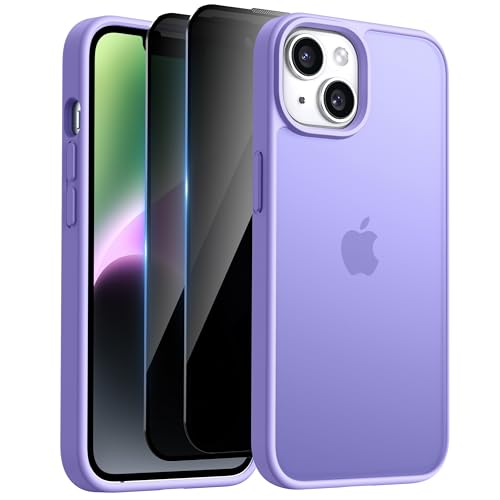 HeIssitot Matt Handyhülle für iPhone 13/iPhone 14 Hülle und 2 Stück Sichtschutz Schutzfolie, [Militärstandard] Durchscheinende PC Rückseite TPU Bumper Schutzhülle, Hellviolett von Helssitot