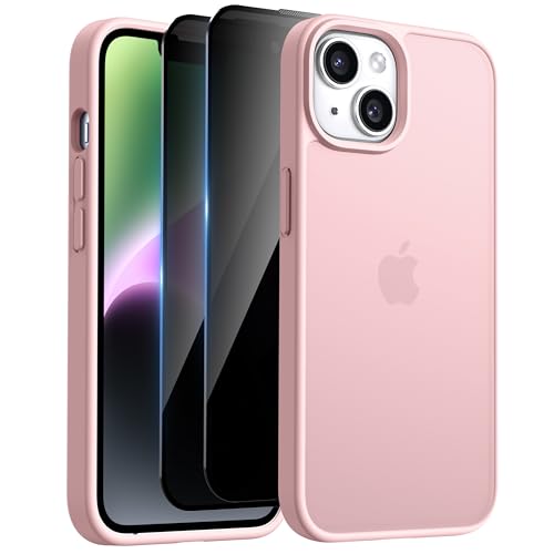 HeIssitot Matt Handyhülle für iPhone Hülle und 2 Stück Sichtschutz Schutzfolie, [Militärstandard] Durchscheinende PC Rückseite TPU Bumper Schutzhülle (Rosa, iPhone 13/14) von Helssitot