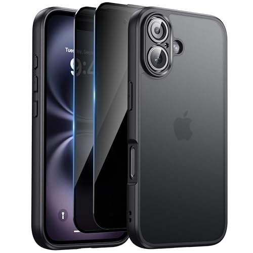 HeIssitot Matt Handyhülle für iPhone 16 Hülle und 2 Stück Sichtschutz Schutzfolie, [Kameraschutz] [Militärstandard] Durchscheinende PC Rückseite TPU Bumper Schutzhülle für iPhone 16, Schwarz von HeIssitot