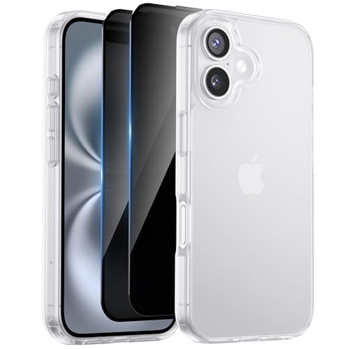 HeIssitot Matt Handyhülle für iPhone 16 Hülle und 2 Stück Sichtschutz Schutzfolie, [Militärstandard] Durchscheinende PC Rückseite TPU Bumper Schutzhülle für iPhone 16, Matte Weiß von Helssitot