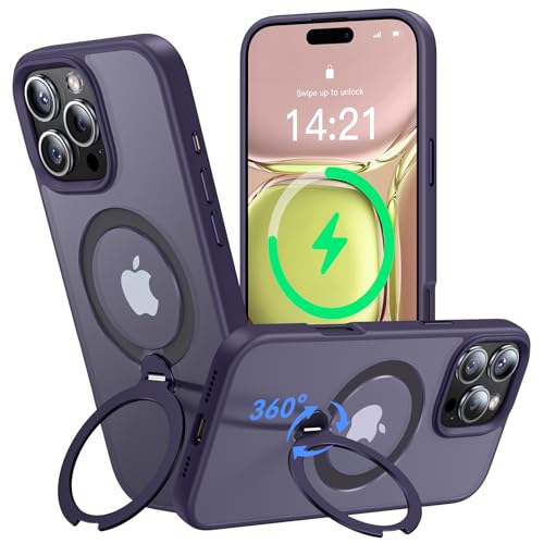 Helssitot 360° Magic Stand für iPhone 16 Pro Max Hülle für MagSafe,[Unsichtbarer Ständer][Militärstandard] Stoßfest Matt Durchscheinende Samtweiche Haptik Handyhülle 6,9 Zoll Dunkellila von HeIssitot