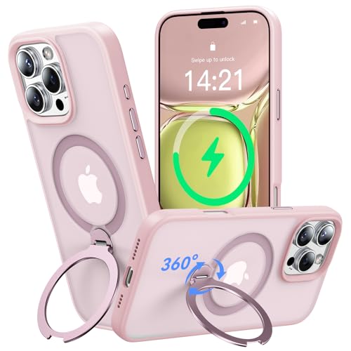 Helssitot 360° Magic Stand für iPhone 16 Pro Max Hülle für MagSafe,[Unsichtbarer Ständer][Militärstandard] Stoßfest Matt Durchscheinende Samtweiche Haptik Handyhülle 6,9 Zoll Rosa von HeIssitot