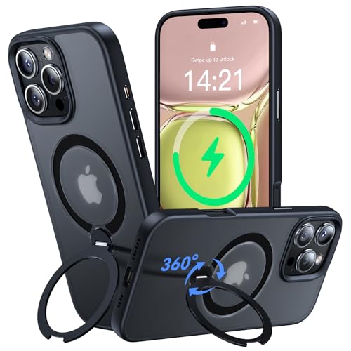 Helssitot 360° Magic Stand für iPhone 16 Pro Max Hülle für MagSafe,[Unsichtbarer Ständer][Militärstandard] Stoßfest Matt Durchscheinende Samtweiche Haptik Handyhülle 6,9 Zoll Schwarz von HeIssitot