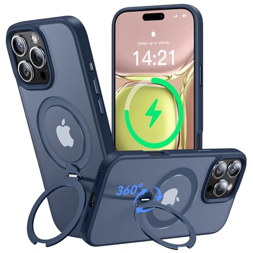 Helssitot 360° Magic Stand für iPhone 16 Pro Hülle für MagSafe,[Unsichtbarer Ständer][Militärstandard] Stoßfest Matt Durchscheinende Samtweiche Haptik Handyhülle 6,3 Zoll Blau von HeIssitot