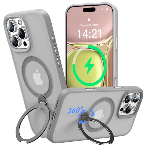 Helssitot 360° Magic Stand für iPhone 16 Pro Hülle für MagSafe,[Unsichtbarer Ständer][Militärstandard] Stoßfest Matt Durchscheinende Samtweiche Haptik Handyhülle 6,3 Zoll Grau von HeIssitot