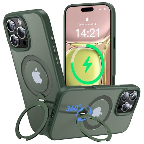 Helssitot 360° Magic Stand für iPhone 16 Pro Hülle für MagSafe,[Unsichtbarer Ständer][Militärstandard] Stoßfest Matt Durchscheinende Samtweiche Haptik Handyhülle 6,3 Zoll Grün von HeIssitot
