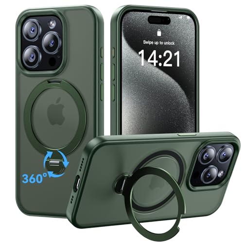 Helssitot 360° Magic Stand Kompatibel mit iPhone 15 Pro Max Hülle für MagSafe,[Unsichtbarer Ständer][Militärstandard] Stoßfest Matt Durchscheinende Samtweiche Haptik Handyhülle (Grün) von HeIssitot