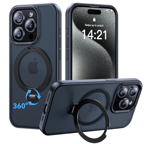 Helssitot 360° Magic Stand Kompatibel mit iPhone 15 Pro Max Hülle für MagSafe,[Unsichtbarer Ständer][Militärstandard] Stoßfest Matt Durchscheinende Samtweiche Haptik Handyhülle Schwarz von HeIssitot