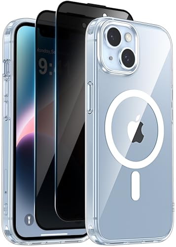 Helssitot Magnetisch Handyhülle für iPhone 13/iPhone 14 Hülle Kompatibel mit MagSafe mit 2 Stück Sichtschutz Schutzfolie, [Nie Vergilbung] Hard PC Kratzfest Stoßfest Schutzhülle Durchsichtig Case von Helssitot