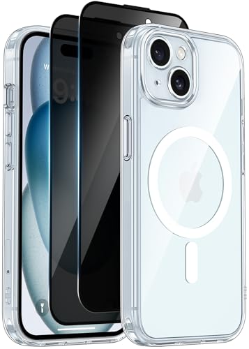 Helssitot Magnetisch Handyhülle Kompatibel mit iPhone 15 Hülle Kompatibel mit MagSafe mit 2 Stück Sichtschutz Schutzfolie, [Nie Vergilbung] Hard PC Kratzfest Stoßfest Schutzhülle Durchsichtig Case von Helssitot