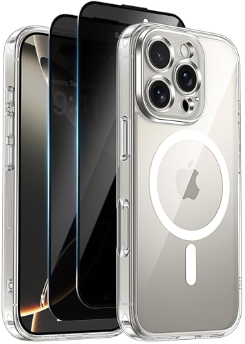 Helssitot Magnetisch Handyhülle Kompatibel mit iPhone 16 Pro Hülle Kompatibel mit MagSafe mit 2 Stück Sichtschutz Schutzfolie, [Nie Vergilbung] Hard PC Kratzfest Stoßfest Schutzhülle Durchsichtig Case von HeIssitot