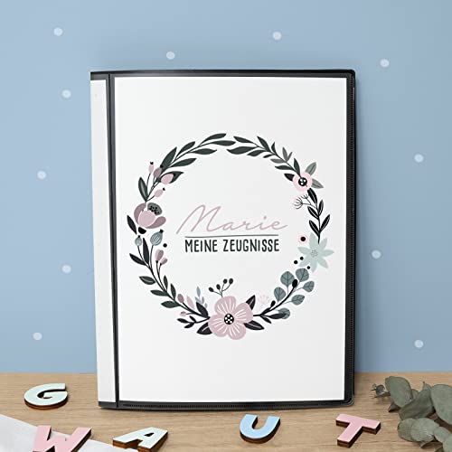 Personalisierte Zeugnismappe Kinder - Personalisiertes Geschenk zur Einschulung - inkl. 20 Klarsichthüllen DIN A4 - Zeugnismappe Mädchen - Zeugnismappe Junge - hellomini (Blumenkranz) von hellomini