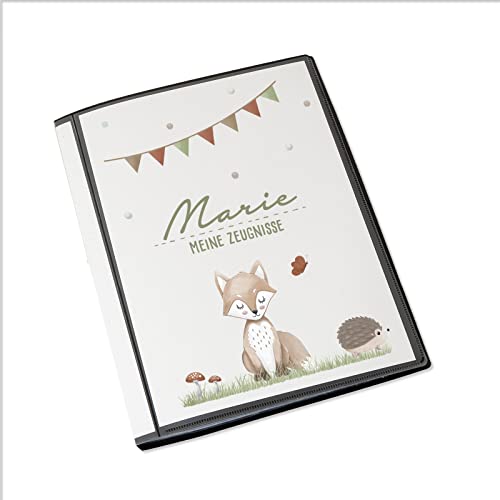 Personalisierte Zeugnismappe Kinder - Personalisiertes Geschenk zur Einschulung - inkl. 20 Klarsichthüllen DIN A4 - Zeugnismappe Mädchen - Zeugnismappe Junge - hellomini (Fuchs) von hellomini
