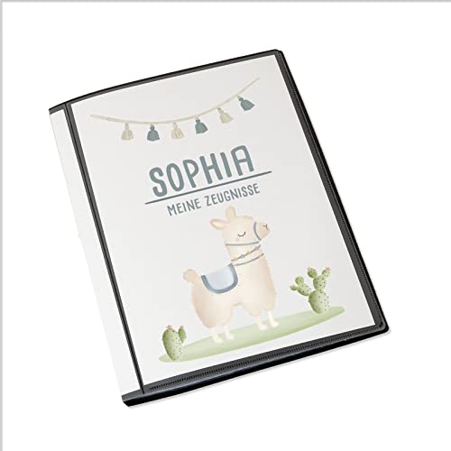 Personalisierte Zeugnismappe Kinder - Personalisiertes Geschenk zur Einschulung - inkl. 20 Klarsichthüllen DIN A4 - Zeugnismappe Mädchen - Zeugnismappe Junge - hellomini (Lama) von hellomini