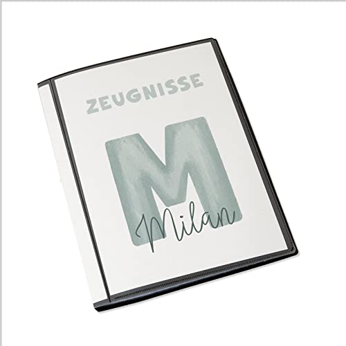 Personalisierte Zeugnismappe Kinder - Personalisiertes Geschenk zur Einschulung - inkl. 20 Klarsichthüllen DIN A4 - Zeugnismappe Mädchen - Zeugnismappe Junge - hellomini (Mint Buchstabe) von hellomini