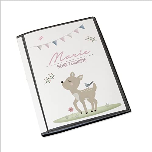 Personalisierte Zeugnismappe Kinder - Personalisiertes Geschenk zur Einschulung - inkl. 20 Klarsichthüllen DIN A4 - Zeugnismappe Mädchen - Zeugnismappe Junge - hellomini (Reh) von hellomini