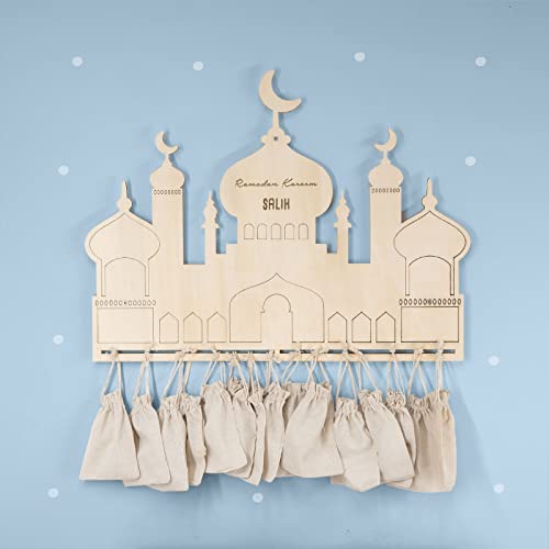 Ramadan Kalender aus Holz personalisiert mit Namen Ramazan Zuckerfest Moschee Form Ramadankalender für Kinder Süßigkeiten Jute-Beutel optional hellomini (mit Jute-Beuteln und Zahlen) von HeLLo mini
