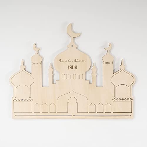 Ramadan Kalender aus Holz personalisiert mit Namen Ramazan Zuckerfest Moschee Form Ramadankalender für Kinder Süßigkeiten Jute-Beutel optional hellomini (ohne Jute-Beutel und Zahlen) von HeLLo mini