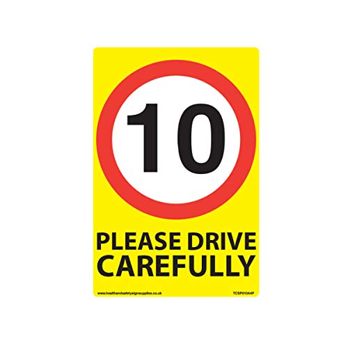 10 km/h gelbe Geschwindigkeitsschilder – Bitte fahren Sie vorsichtig [selbstklebendes Vinyl, 150 mm x 200 mm – A5] von Health & Safety Sign Supplies