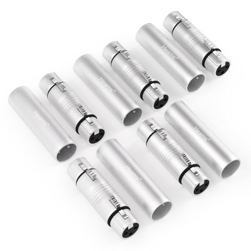 Heams Professioneller XLR-Adapter, 3-polige XLR-Buchse auf Buchse & Stecker auf Stecker, passend für Mikrofon, Audio-Mixer, Lautsprecher, Silber, 10 Stück (5 Paar) von Heams