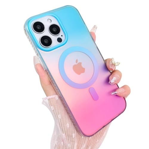 Heaofei Aesthetic Hülle für iPhone 12 & 12 Pro Hülle für Frauen Mädchen Kompatibel mit Magsafe, Cute Girly Trendy Glitter Sparkly Rainbow Magnetic Protective Phone Cover, Matt Irisierend Blau & Rosa von Heaofei