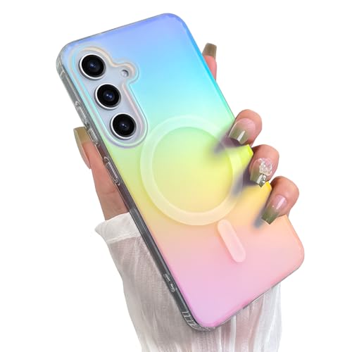 Heaofei Cute Case for Samsung Galaxy S24 FE Case for Women Girls [Compatible with Magsafe] S24FE Glitter Sparkly Girly Aesthetic Rainbow Magnetic Protective Cover, Translucent Iriscent Blue & Pink von Heaofei