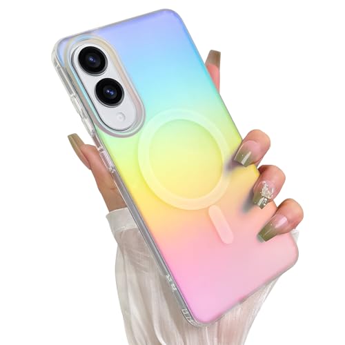 Heaofei Cute Case for Samsung Galaxy S25 Edge Case for Women Girls [Compatible with Magsafe] Glitter Sparkly Girly Aesthetic Rainbow Magnetic Protective Cover, Translucent Iriscent Blue & Pink von Heaofei