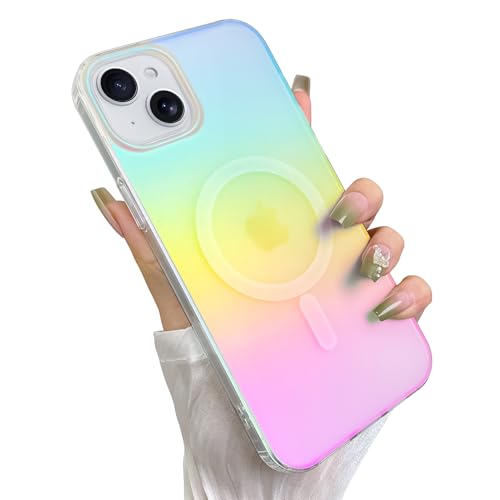 Heaofei Cute Case for iPhone 14 Plus & iPhone 15 Plus Case for Women Girls [Compatible with Magsafe] Aesthetic Girly Glitter Rainbow Magnetic Protective Phone Cover, Translucent Iriscent Blue Pink von Heaofei