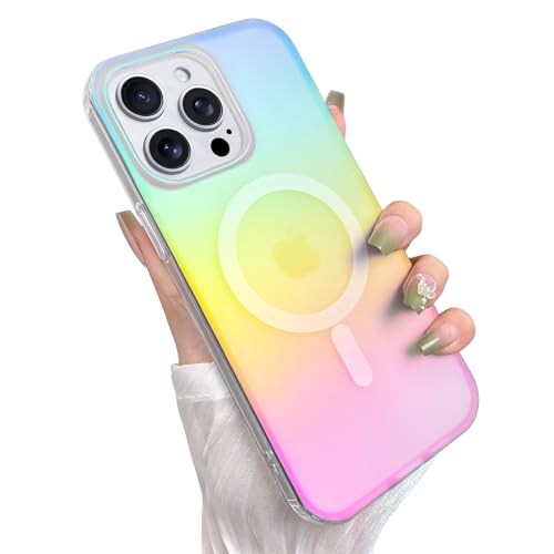 Heaofei Cute Case for iPhone 14 Pro Case for Women Girls [Compatible with Magsafe] Aesthetic Girly Glitter Bling Rainbow Magnetic Protective Phone Cover, Translucent Iriscent Blue & Pink von Heaofei