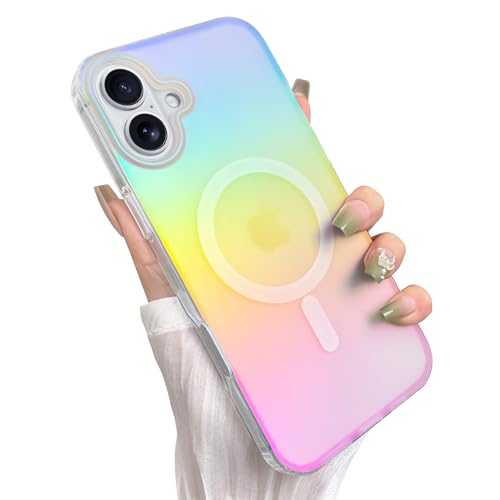 Heaofei Cute Case for iPhone 16 Case for Women Girls [Compatible with Magsafe] Aesthetic Girly Glitter Bling Rainbow Magnetic Protective Phone Cover, Translucent Iriscent Blue & Pink von Heaofei
