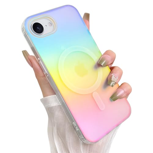 Heaofei Cute Case for iPhone 16e Case for Women Girls [Compatible with Magsafe] Aesthetic Girly Glitter Bling Rainbow Magnetic Protective Phone Cover, Translucent Iriscent Blue & Pink von Heaofei