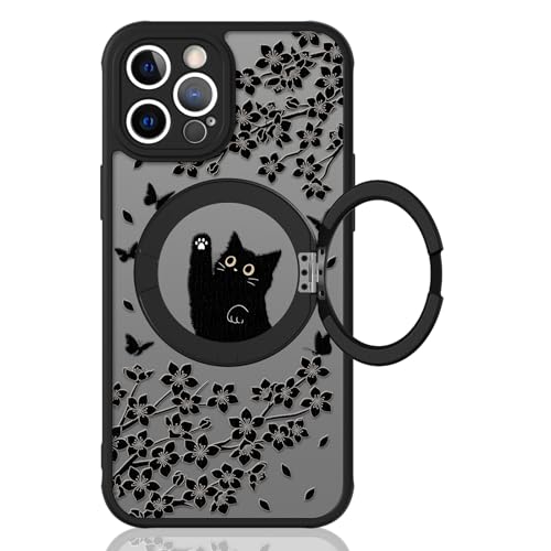 Heaofei Niedliche Schutzhülle für iPhone 12 Pro, mit Ständer, kompatibel mit MagSafe, Kawaii, schwarze Katze, Blumen- und Schmetterlingsmuster, 360°-Magnetring, Ständer, Handyhülle für Damen, Mädchen von Heaofei