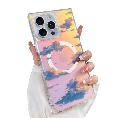 Heaofei Niedliche Schutzhülle für iPhone 14 Pro Max, kompatibel mit Magsafe, ästhetisches schillerndes Wolkenmuster, mädchenhaft, glitzernd, rechteckig, magnetische Schutzhülle von Heaofei