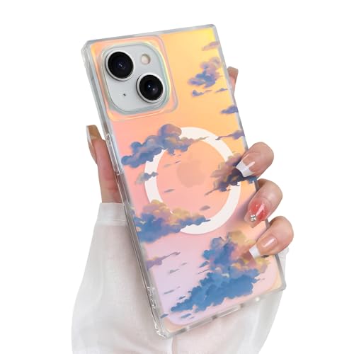 Heaofei Niedliche Schutzhülle für iPhone 15, für Damen und Mädchen, kompatibel mit Magsafe, ästhetisches schillerndes Wolkenmuster, mädchenhaft, glitzernd, rechteckig, magnetische Schutzhülle von Heaofei