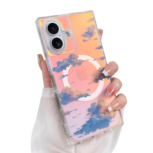 Heaofei Niedliche Schutzhülle für iPhone 16, kompatibel mit Magsafe, ästhetisches schillerndes Wolkenmuster, mädchenhaft, glitzernd, rechteckig, magnetische Schutzhülle von Heaofei