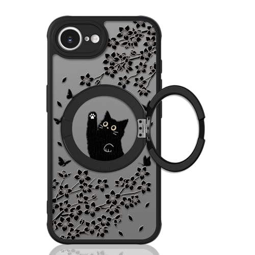 Heaofei Niedliche Schutzhülle für iPhone 16e, mit Ständer, kompatibel mit MagSafe, Kawaii, schwarze Katze, Blumen und Schmetterlinge, 360° magnetischer Ring, Ständer, Handyhülle für Damen, Mädchen Heaofei Niedliche Schutzhülle für iPhone 16e, mit Ständer, kompatibel mit MagSafe, Kawaii, schwarze Katze, Blumen und Schmetterlinge, 360° magnetischer Ring, Ständer, Handyhülle für Damen, Mädchen von Heaofei