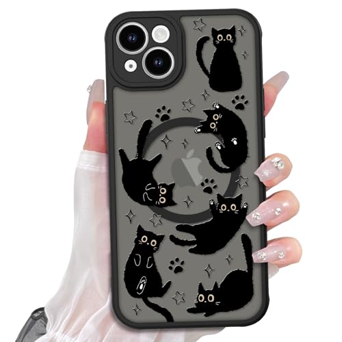 Heaofei Niedliche magnetische Hülle für iPhone 13 Hülle [Kompatibel mit MagSafe] mit schwarzem Katzen-Motiv, für Damen, Mädchen, Jungen, weiche Stoßstange, harte Rückseite, Kawaii-Tier-Schutzhülle von Heaofei