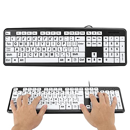 USB-kabelgebundene Computertastatur mit großem Druck, kabelgebundene USB-Tastatur für Benutzer mit Sehbehinderung mit großen weißen Tasten Schwarze Buchstaben für sehbehinderte Personen mit(Schwarz) von Heayzoki