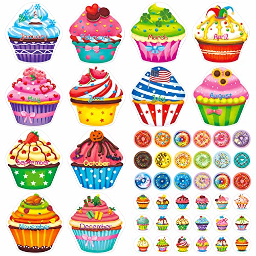 12 Stück Cupcake Pinnwand Schwarzes Brett Set,zuzüglich 320 Stk Donut & Kuchen Aufkleber, Mehrfarbige Ausschnitte für 12 Monate,Wand Klassenzimmer Dekoration von Hebayy