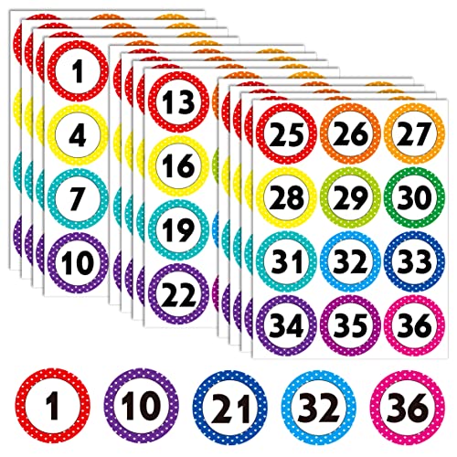 144 Zahlen Nummern Aufkleber, 12 Blätter Polka Dot Nummer 1-36 Etiketten, selbstklebende Nummernaufkleber, löschbar mit PET-Folie, für Innen, Büro, Klassenzimmer, Aufbewahrung, Boxen (jeweils 7,6cm) von Hebayy