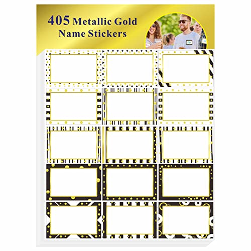 405 Stück goldmetallische Namensschilder, leere Namensschilder in 15 Designs mit permanent klebenden, beschreibbaren weißen Namensschild-Aufklebern für Schule, Büro, Zuhause (jeweils 7,5cm x 5cm) von Hebayy