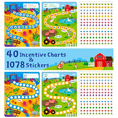 40er-Pack Incentive-Diagramm, 2 entzückende Designs mit 1078 Aufklebern für Unterricht im Klassenzimmer/Belohnung/Familie für Hausaufgaben, Anwesenheit, positives Verhalten, Aufgaben, Töpfchentraining von Hebayy